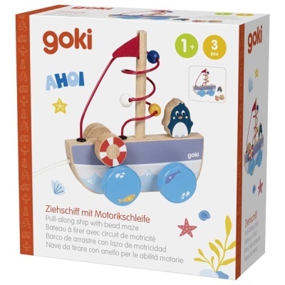 Caixa de brinquedo barco em madeira com labirinto de contas e cores vibrantes