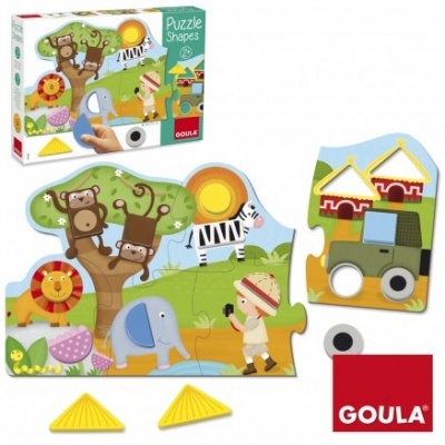 Puzzle de madeira colorido com animais e explorador, marca GOULA