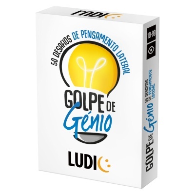 Caixa branca de jogo de cartas Golpe de Gênio com lâmpada amarela e texto em azul e preto