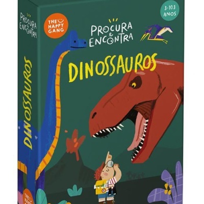 Caixa de jogo 'Procura e Encontra Dinossauros' com ilustração de dinossauros e criança.