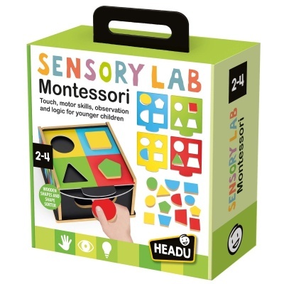 Brinquedo educativo Montessori Sensory Lab com peças geométricas coloridas de madeira para crianças 2-4 anos
