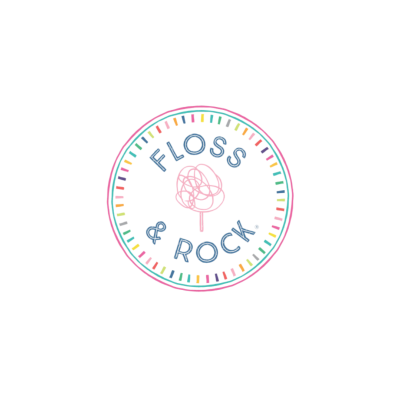 Logótipo circular colorido com texto FLOSS & ROCK e ramo de algodão rosa