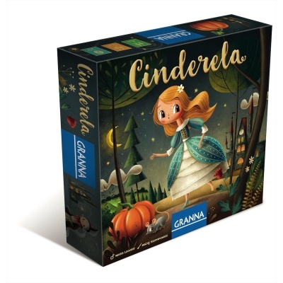 Caixa do jogo de tabuleiro Cinderella com ilustração colorida de personagem feminina, abóbora, rato, árvores e castelo
