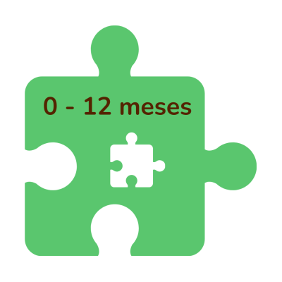 Peça de puzzle verde com texto 0 - 12 meses e recorte de peça menor