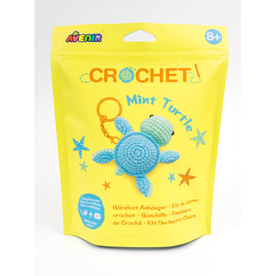 Pacote amarelo com kit de crochê tartaruga azul e verde para chaveiro