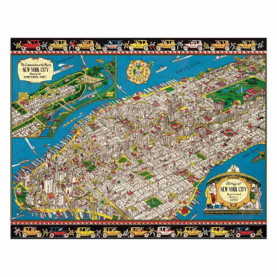 Mapa ilustrado colorido do centro de Nova Iorque com prédios em perspectiva e borda com carros antigos