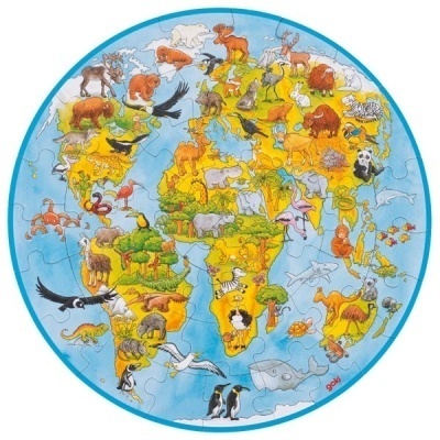 Quebra-cabeça redondo com mapa do mundo e animais ilustrados