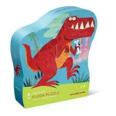 Caixa de quebra-cabeças de chão em forma de dinossauro vermelho com ossos, fundo azul e verde, texto DINOSAURE FLOOR PUZZLE