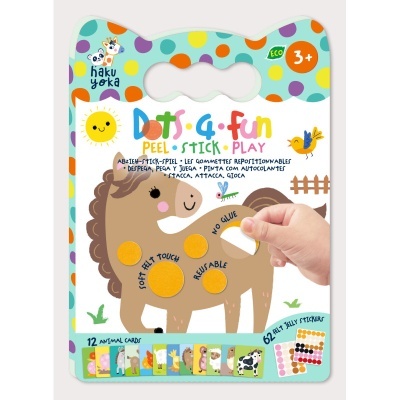Embalagem de jogo Dots 4 Fun com cartas de animais e autocolantes de feltro coloridos.