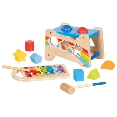Brinquedo infantil de madeira com caixa de formas, martelo e xilofone colorido