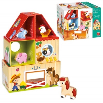 Brinquedo de fazenda infantil em madeira com figuras de animais coloridas