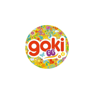 Logótipo colorido goki 66 com fundo amarelo e desenhos florais e de borboletas