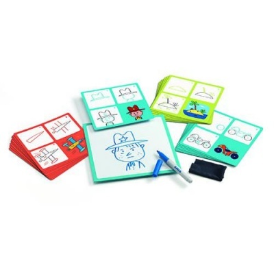 Conjunto de cartas para jogo, tabuleiro branco com desenho e marcadores