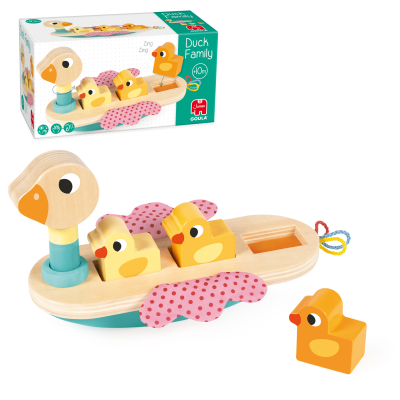 Brinquedo de madeira Duck Family com quatro patinhos amaros e barco