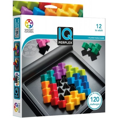 Embalagem do jogo de puzzle IQ PERPLEX com peças coloridas e base preta