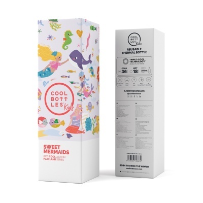 Embalagem da garrafa térmica Cool Bottles Kids com tema Sweet Mermaids, ilustrações de sereias e vida marinha, fundo branco