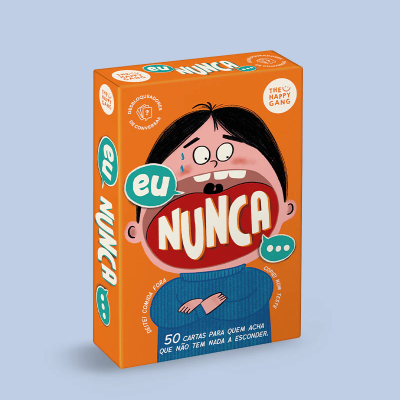 Caixa laranja de jogo de cartas eu NUNCA... com ilustração de um rosto falando.