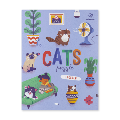 Embalagem de puzzle 'CATS puzzle + POSTER' com ilustrações de gatos e objetos coloridos