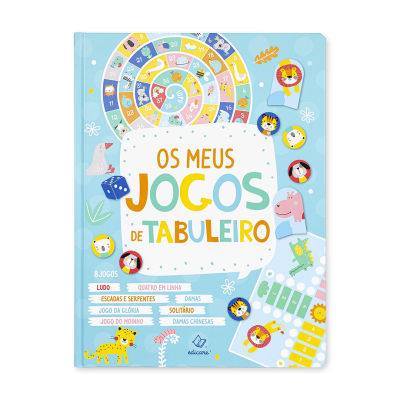 Capa colorida de livro de jogos de tabuleiro com ilustrações e lista de jogos