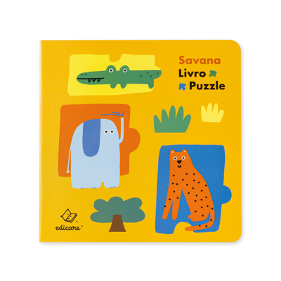 Capa de livro puzzle amarelo com desenhos de crocodilo, elefante e leopardo