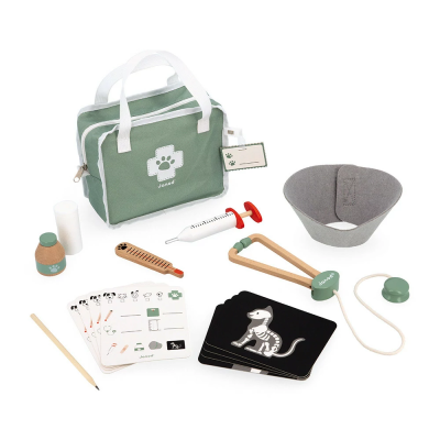 Conjunto de brinquedo veterinário com mala verde e branco e acessórios médicos