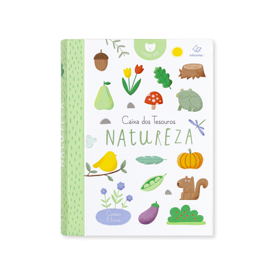 Caixa de livros com ilustrações de natureza e texto 'Caixa dos Tesouros NATUREZA'