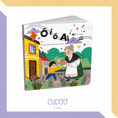 Livro infantil musical com ilustração de criança e senhora em traje tradicional junto a casas coloridas