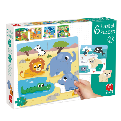 Caixa de puzzle infantil colorida com animais e texto 6 Habitat Puzzles 2+.
