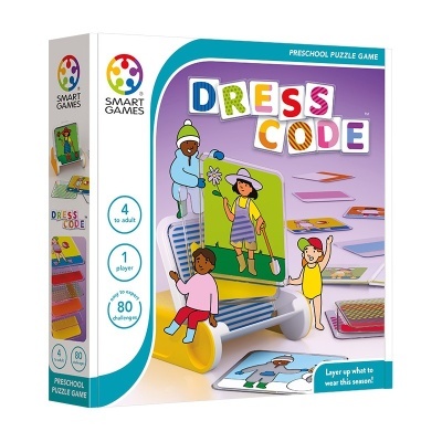 Caixa do jogo de puzzle Dress Code da Smart Games com ilustrações coloridas de crianças e informações do jogo