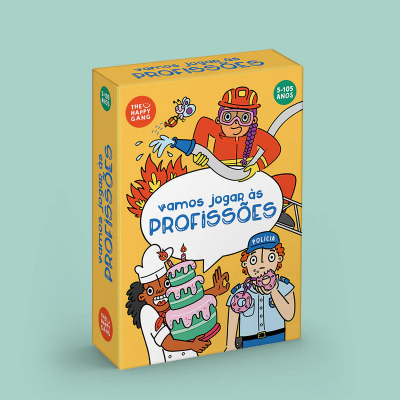 Embalagem amarela de jogo educativo sobre profissões com desenhos de bombeira, chefe de cozinha e polícia.