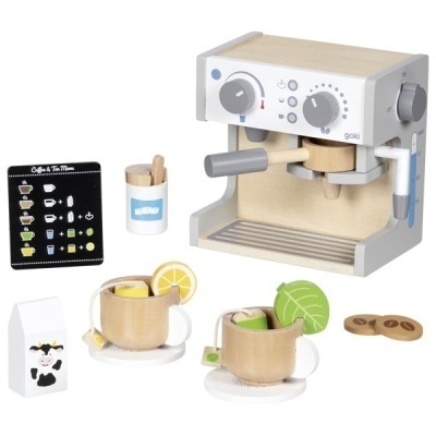 Brinquedo de máquina de café espresso de madeira com acessórios para chá e café em madeira, incluindo chávenas, biscoitos e pacote de leite.