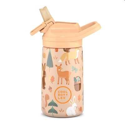 Garrafa infantil com tampa pêssego e ilustrações de animais da floresta