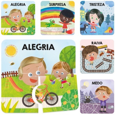 Peças de puzzle infantis ilustrando emoções com crianças e animais coloridos.