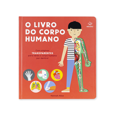 Livro infantil 'O LIVRO DO CORPO HUMANO' com capa vermelha e ilustração de criança com sistema esquelético visível