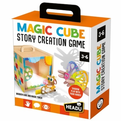 Caixa de jogo infantil Magic Cube Story Creation Game para idades 3-6 com cubo, lanterna e figura de borboleta para brincadeiras de sombras