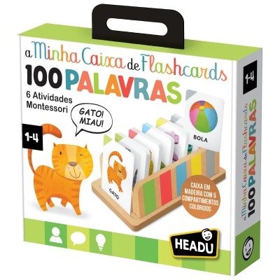 Caixa de flashcards Montessori para crianças de 1 a 4 anos com 100 palavras e 6 atividades.