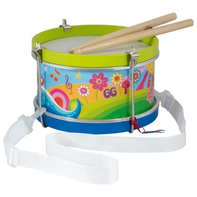 Tambor de brinquedo colorido com baquetas e alça branca