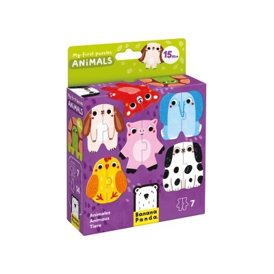 Caixa colorida de puzzle infantil com peças em formato de animais