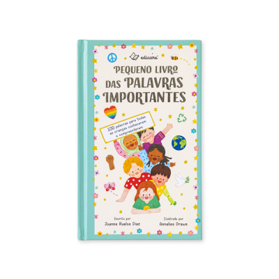 Capa de livro infantil com crianças e símbolos coloridos