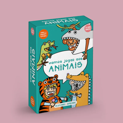 Embalagem de jogo de tabuleiro vamos jogar aos ANIMAIS com ilustrações de crianças vestidas de animais