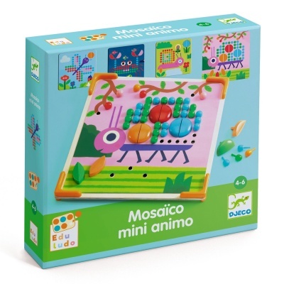 Brinquedo educativo Mosaico mini animo caixa azul verde com insetos coloridos e pinos de madeira