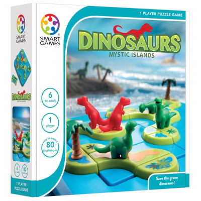 Caixa do jogo Dinosaurs Mystic Islands com dinossauros vermelhos e verdes e ilhas modulares coloridas