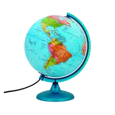 Globo terrestre colorido em suporte azul com fio elétrico