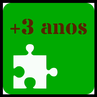 Ícone verde com peça de puzzle branca e texto +3 anos em marrom