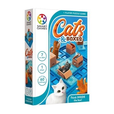 Caixa do jogo Cats & Boxes com imagens de gatos e caixas sobre um tabuleiro azul