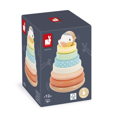 Brinquedo de empilhar em madeira com anéis coloridos e topo de pato