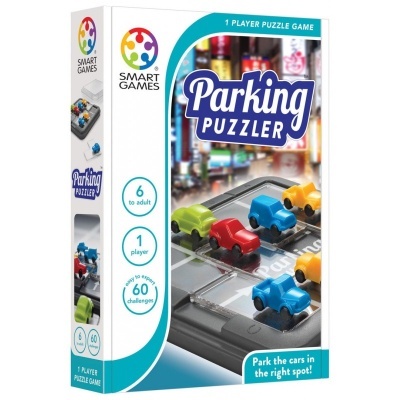 Embalagem do jogo de puzzle Parking Puzzler com carrinhos coloridos e tabuleiro cinzento
