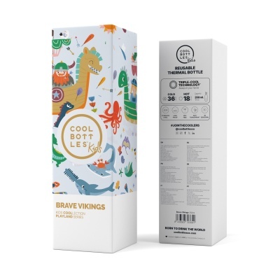 Embalagem colorida para garrafa térmica infantil com ilustrações de dinossauros e criaturas marinhas
