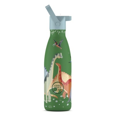 Garrafa verde com dinossauros e texto COOL BOTTLES