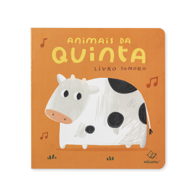 Capa de livro sonoro infantil com uma ilustração de vaca e texto em amarelo e castanho.